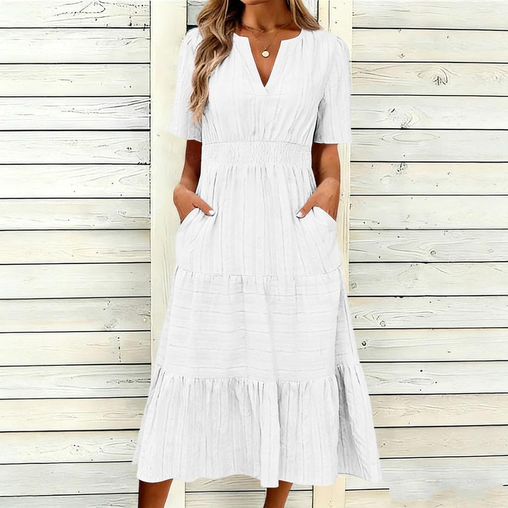 Women's Casual V Neck Dress with Gathered Puff Sleeves and Flared Hem Short Sleeve Midi Dress with Pockets