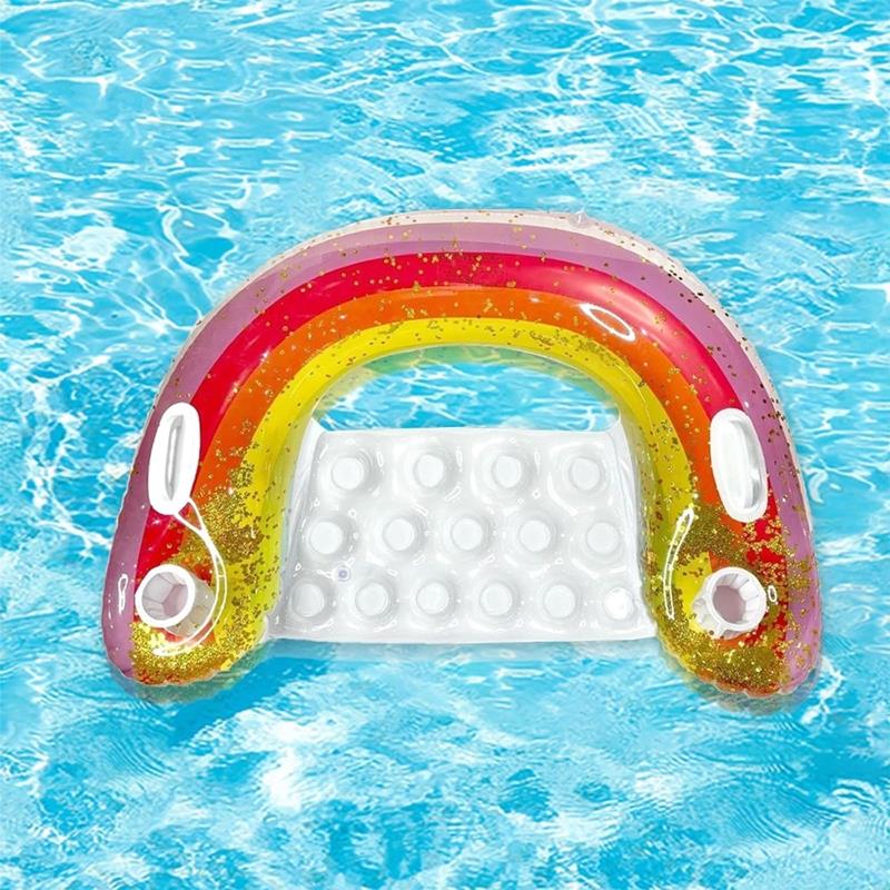 Inflatable Mattress Chair Lounger Swimming Chair Cup Holders Rainbow