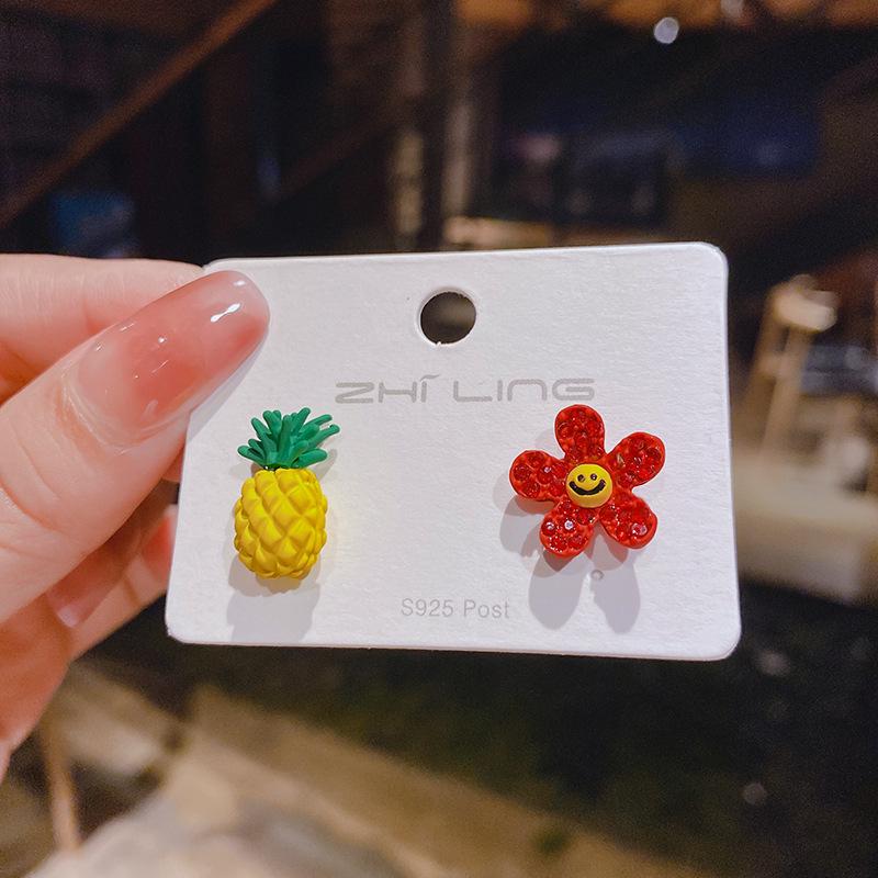 925 Silver Asymmetrical Fruit Rhinestone Stud Earrings - Strawberry, Pineapple, Flower Design