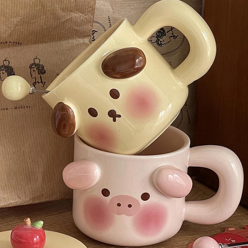 Mark Cup Cute Cartoon with Cover Spoon Couple Ceramic Men and Women Creativity Gift Birthday Hand Gift Boxed Water Cup 400ml 1Pc