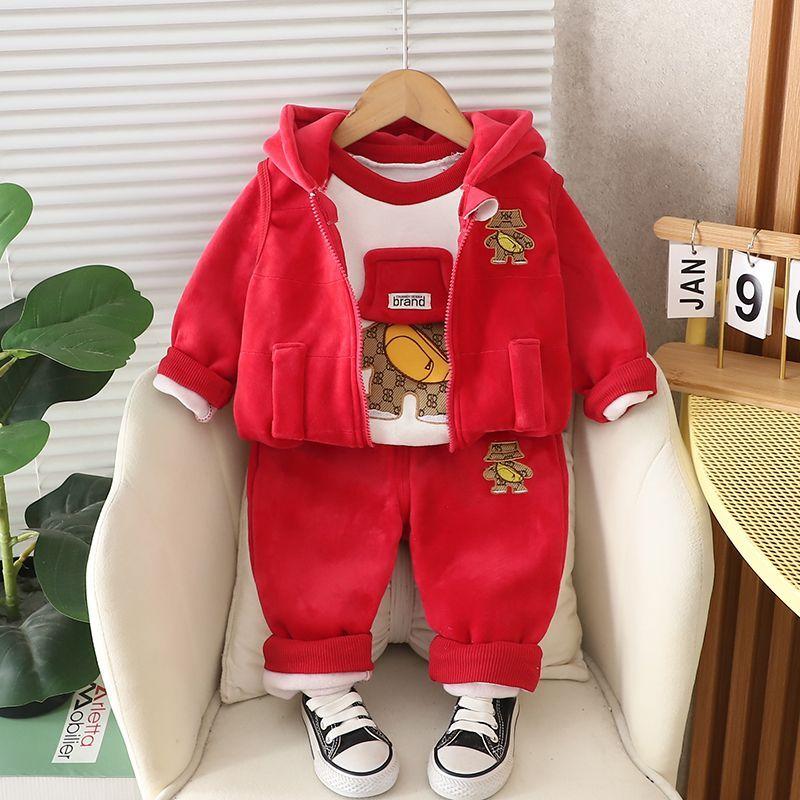 Baby Boys Clothing Set Autumn Winter Cartoon Thick Hooded Jacket Coat Pants 3Pc Suit for Kids Warm Outfits