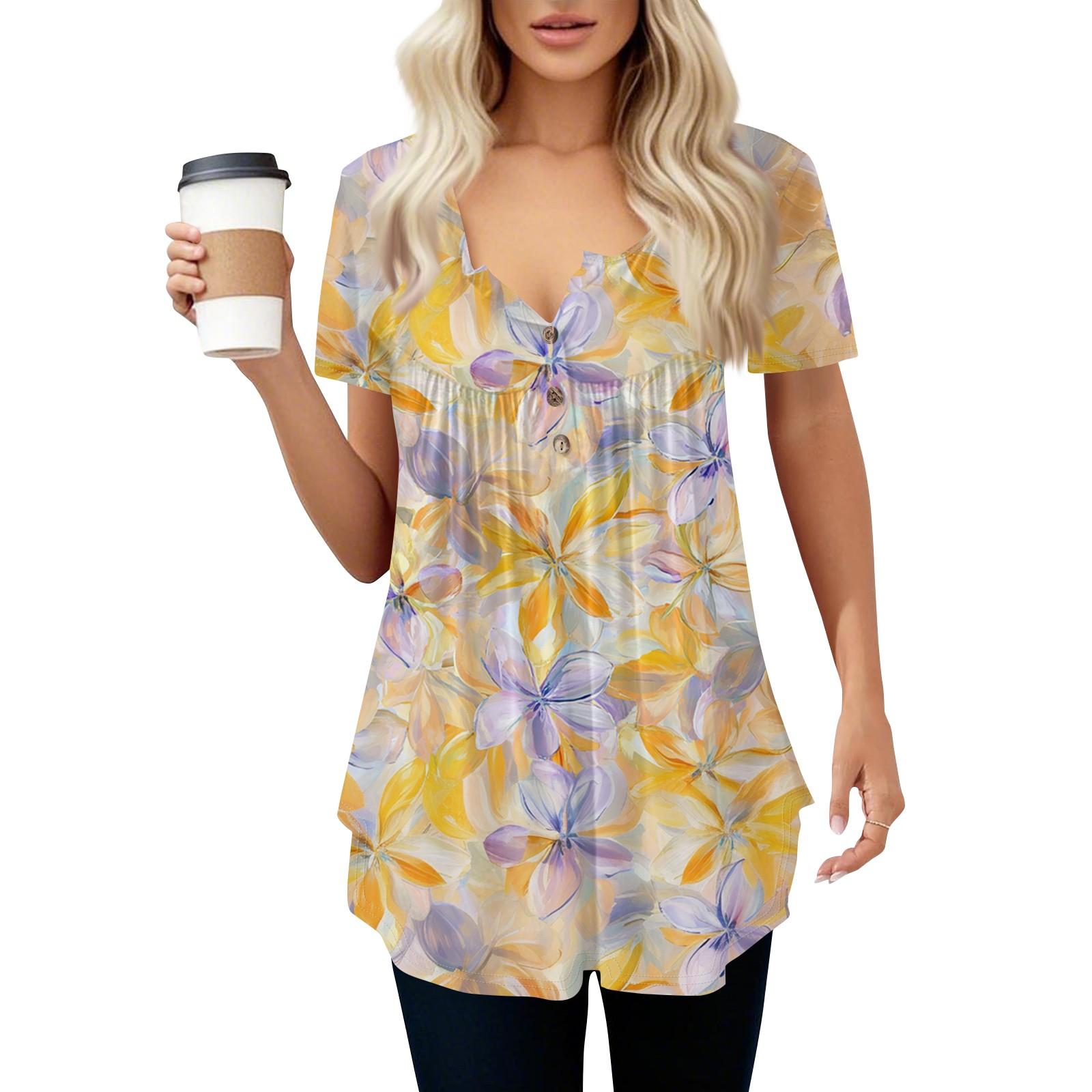 

Women s Casual T-Shirt Printed Round Neck Pullover Short Sleeve Top XL жовтий