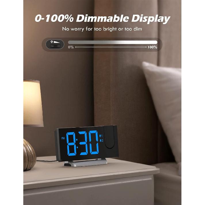 Projection Alarm Clock with FM Radio, USB Charging Port, 0-100% Dimmer, Dual Alarms, HD LED Display, 30 Preset Stations, Sleep Timer, 5 Alarm Sounds,