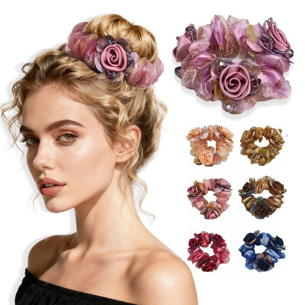 Elegant Large Intestine Hair Ring Floral Pattern Bun Rubber Bands Lace Hair Scrunchies Women Use