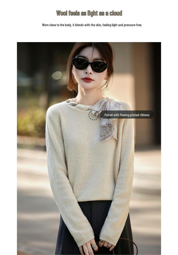 Women's Silk Bowknot Knitwear: Stylish 100% Wool Fine Knit Scarf & Base Layer Top