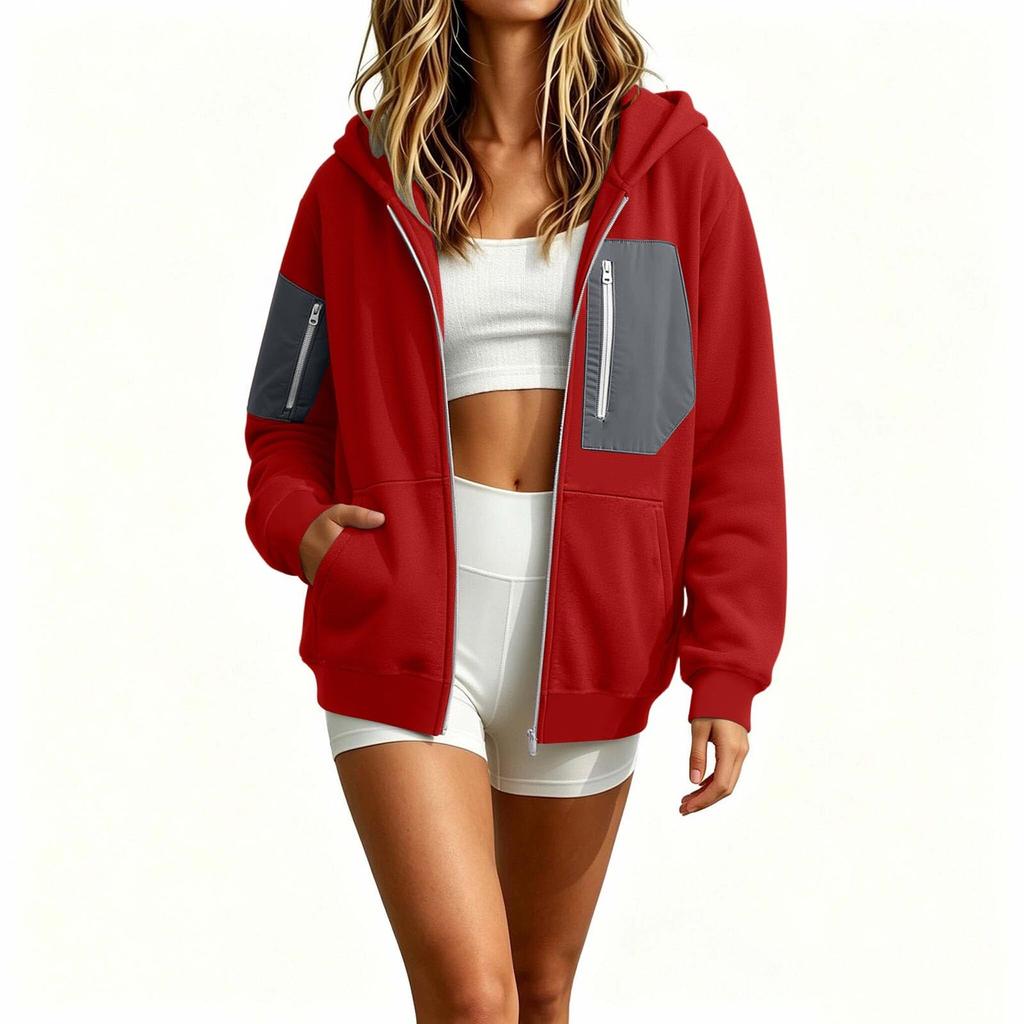 Women's Full-Zip Hooded Patchwork Sweatshirt Jacket for Casual Everyday Wear