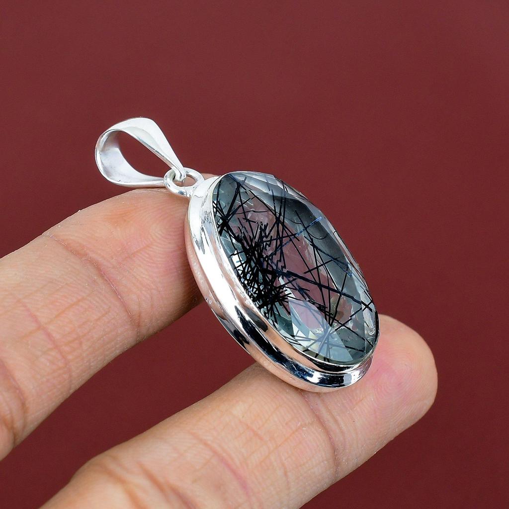 Faceted Black Rutile Pendant Gemstone Pendant 925 Sterling Silver Pendant Handmade Black Rutile Jewelry Gifts for Her Latest Design Pendant