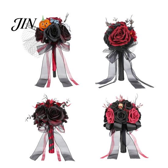 Spooky Wedding Bouquet Gothic Bride Bouquet, Artificial Black Red Rose Flower Party Floral Centerpiece with Skeleton Hand Pumpkin Skull for