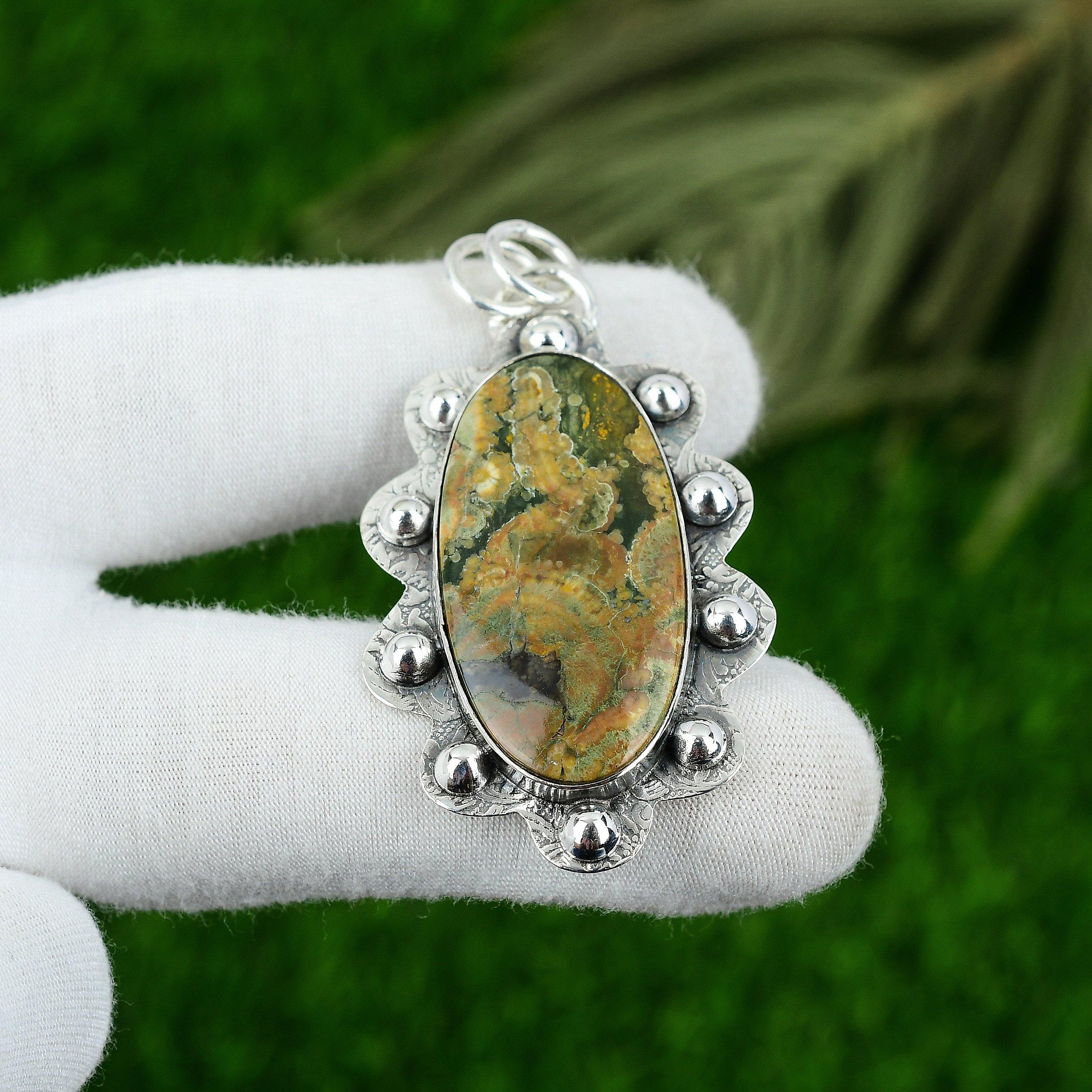 

Подарок на день рождения для нее Подвеска из натурального океанического яшмового драгоценного камня 925 проба стерлингового серебра