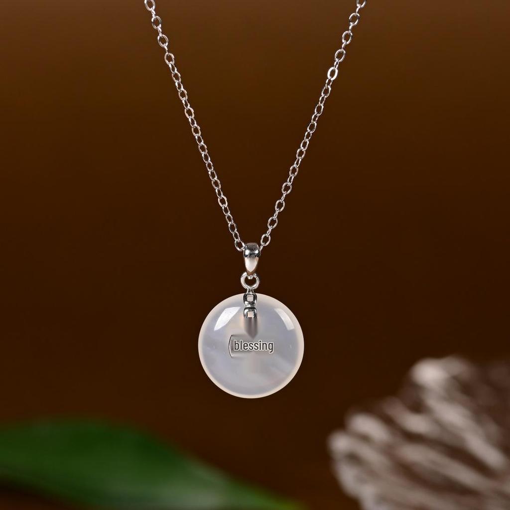 S925 Sterling Silver Peace Buckle Necklace with Natural Chalcedony - New Chinese Style Luxury Clavicle Chain X131