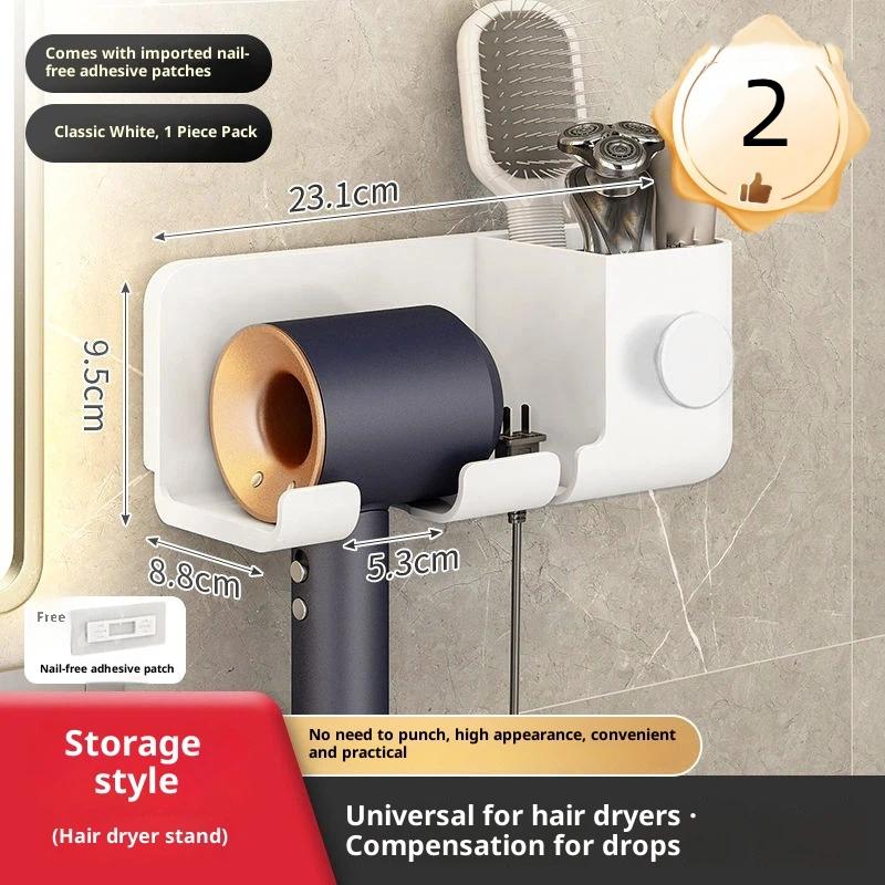 Wall-Mounted Hair Dryer Holder - No Drilling Required, Plastic Bathroom Storage Rack With Multiple Compartments For Hair Dryers