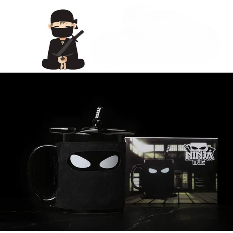 Ninja Ceramic Mug Creative Funny Coffe Cup with Lid Spoon Set Porcelain Kitchen Utensils Drinkware Mug Kawaii Water Cup