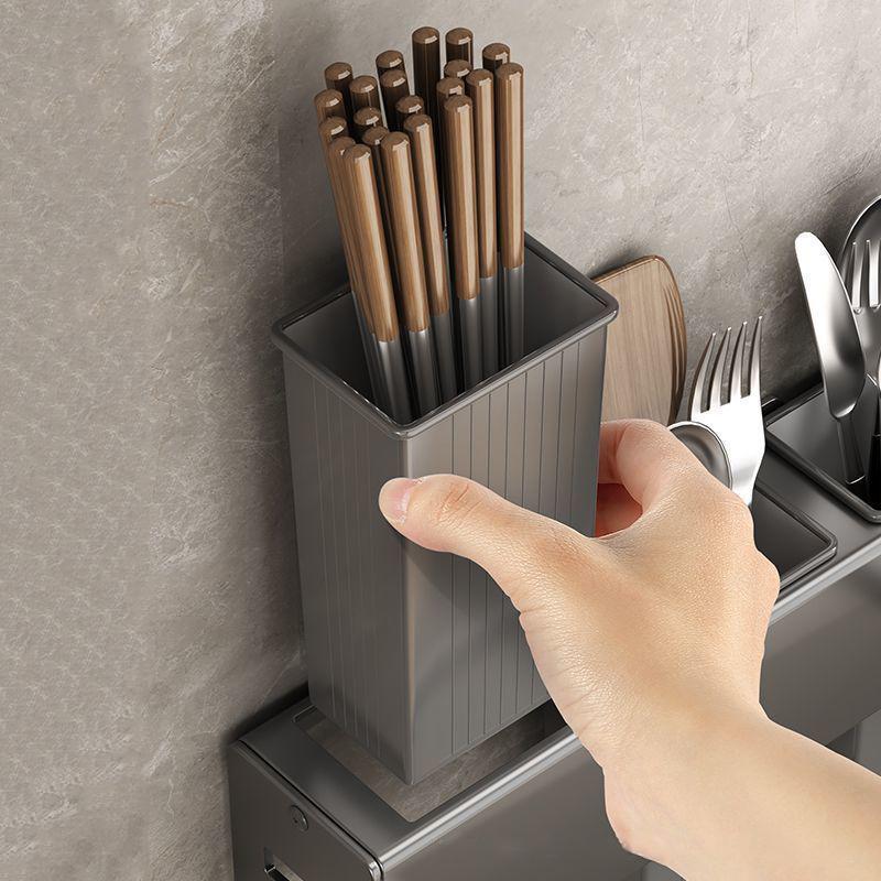 Wall-Mounted Thickened Knife Holder Punch-Free Kitchen Rack Multifunctional Chopstick Tube Knife and Utensil Holder Integrated