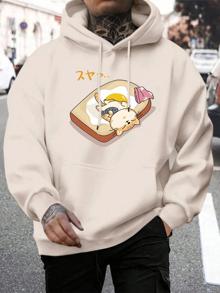2025 Cartoon Cat Egg Toast Bread Printing Men Hoodie All-Match Autumn Streetwear Comfortable Loose Hoody Fleece Pocket Pullover