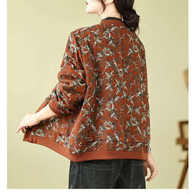 Autumn and Winter Printed Contrast Color Long-sleeved Round Neck Loose Retro Ethnic Style Thickened Cardigan Jacket Top