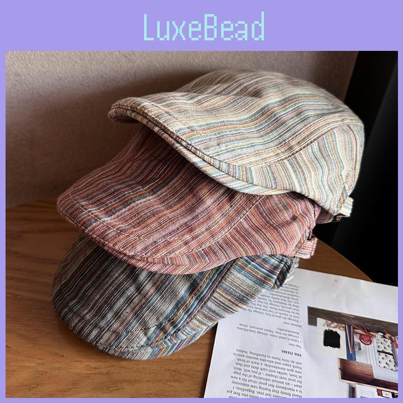 Brimmed Short Retro Beret With Stripe Design For Spring Summer Accessory Fashion