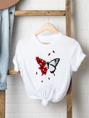 (Taille asiatique) Impression Femme Vêtements Femmes papillon mignon Manches Courtes T-shirt Mode Haut Graphique T-shirts Féminins