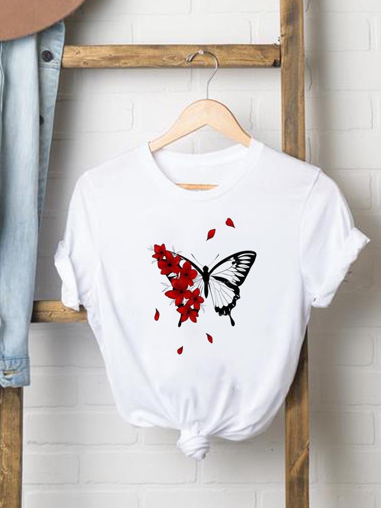 (Asiatische Größe) Blume Schmetterling süß 90er Jahre Frau Druck Damenbekleidung Kurzarm T-Shirt Mode Tee Top Damen Grafik-T-Shirts
