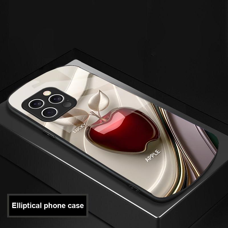 Glücklicher Schwarzer Apfel Für IPhone 16 Pro Max 15 Pro 14 13 12 Mini 11 XS Max XR 7 8 Plu SE 2022 Elliptische Glas-Handyhülle
