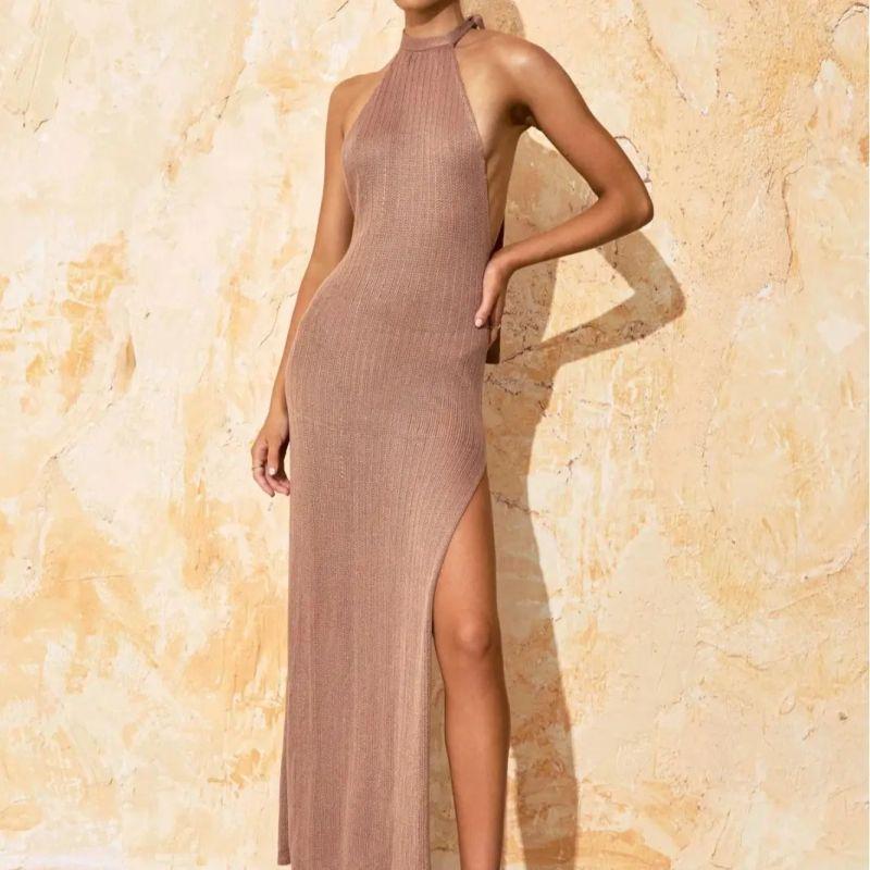 

Beach Knitted Hoodie Summer Seaside Vacation Backless Long dress Knitted Beach Style Camel color L