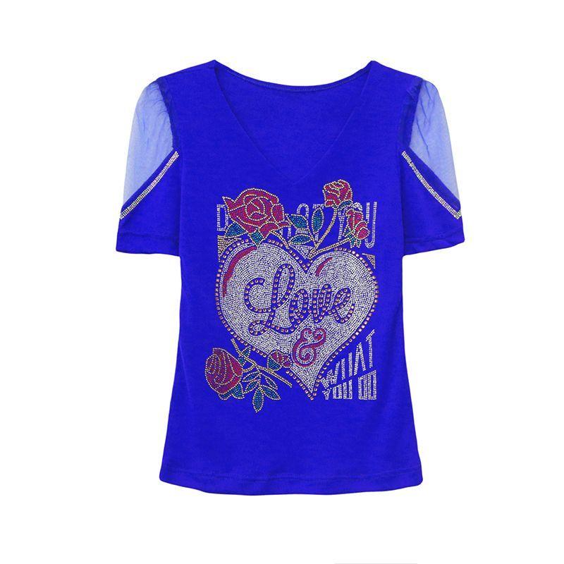 Streetwear Girl Chic Summer T-shirt Fashion Sexy Slim Women Flower Heart Tops Shiny Rose Hot Diamonds Design Tees
