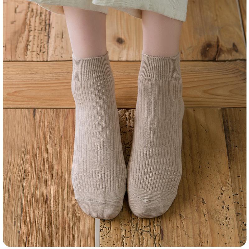 5 Pairs Women's Socks Spring Summer Pure Cotton Short Socks Solid Color Double Needle Style Fine Combing Cotton Middle Tube Socks