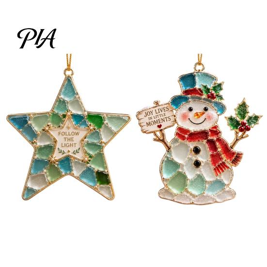 Decorative Acrylic Pendants 2Pcs Sea Glass Christmas Ornament, Seaglass Heart Bird Angel Tree Star Handmade Ornaments Snowman Pendant, Xmas