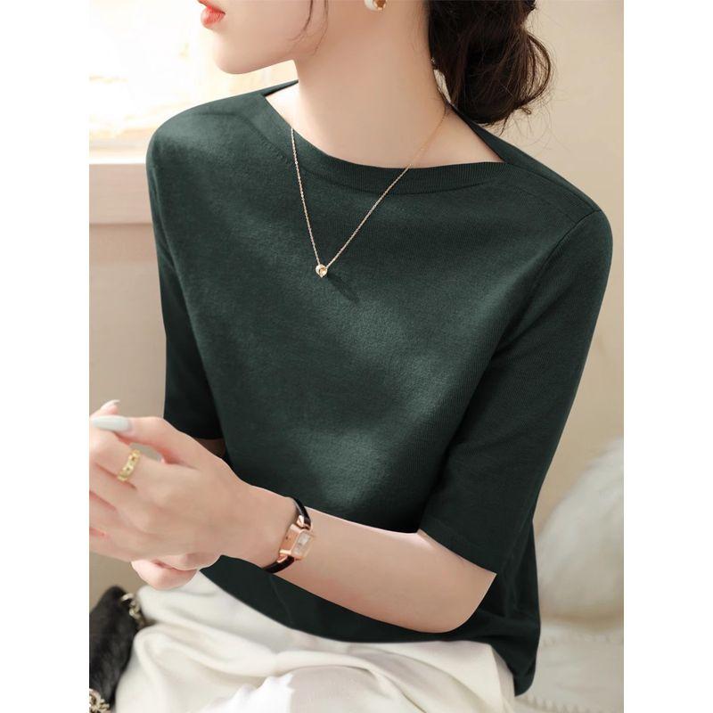 

Ice Silk Half Sleeve French off-Shoulder Slimming Tops Dark Green [high quality fabric]] L
