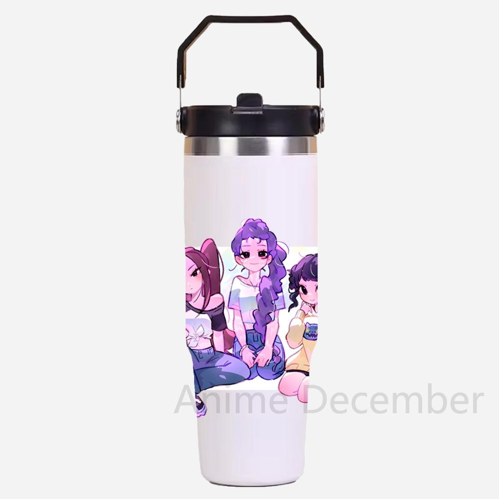 30Oz K-Pop Portable Car Cup Stainless Steel Thermos Cup with Straw Travel Sports Water Bottle with Handle Cover Coffee Vacuum Flask