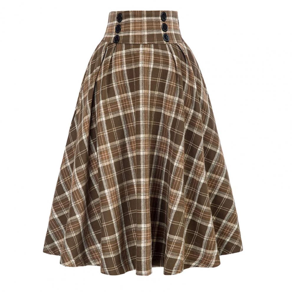 Spring Autumn Women's Skirt Elastic Waist Big Hem A-line Colorblock Plaid Print Loose Fit Skirt Ankle Length Pockets Retro Lady Maxi Skirt