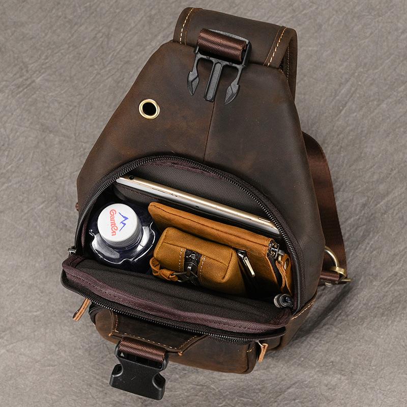 Crazy Horse Leather Breast Bag Men'S Casual Retro Oblique Span Bag First Layer Cowhide Shoulder Bag Commuter Outdoor Leisure Bag