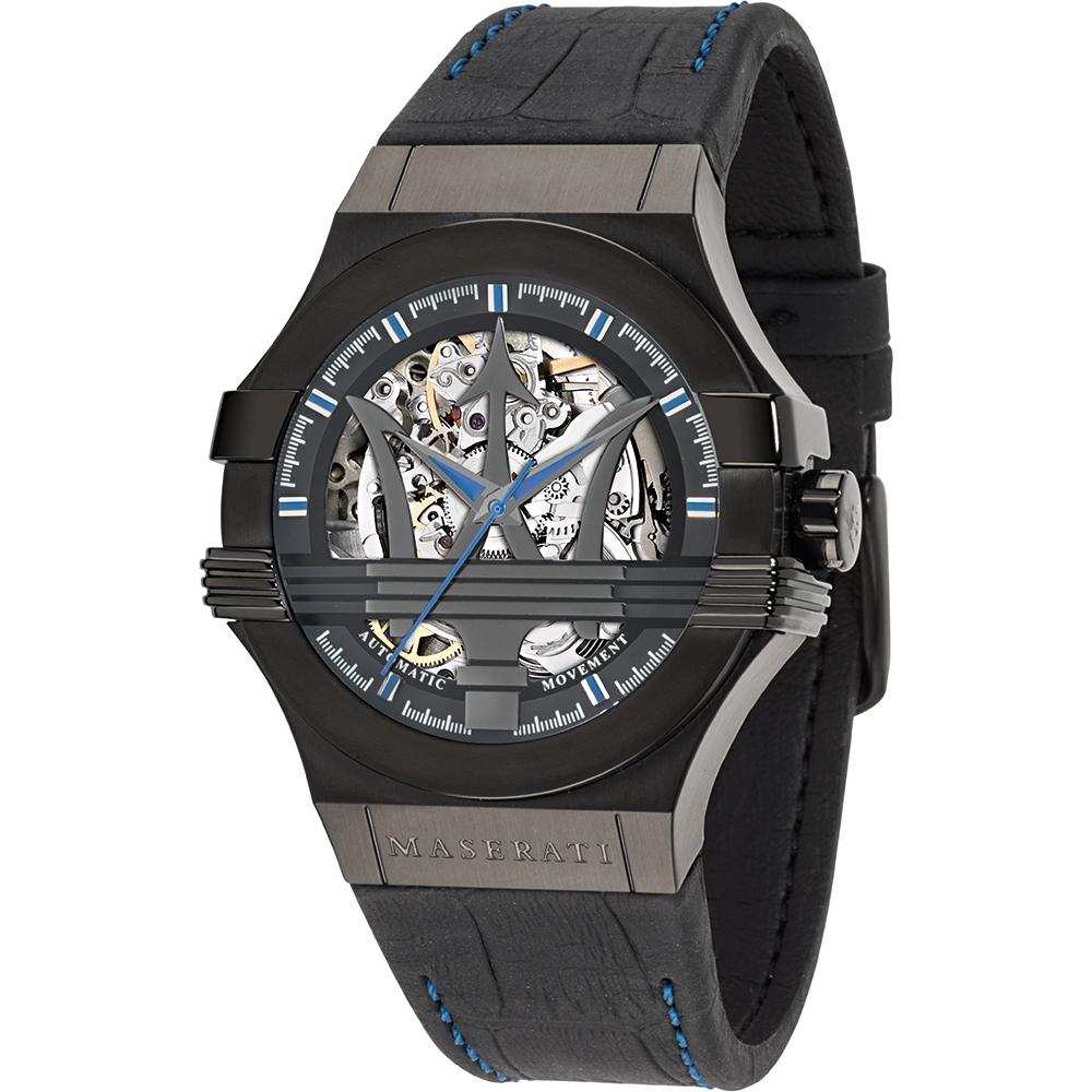 Maserati Potenza Black Dial Black Leather Men s Automatic R8821108009 Watch чёрный