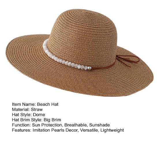 Beach Hat with Imitation Pearl Accents Full Face Sun Protection Flat Top Large Brim UV Blocking Summer Straw Hat