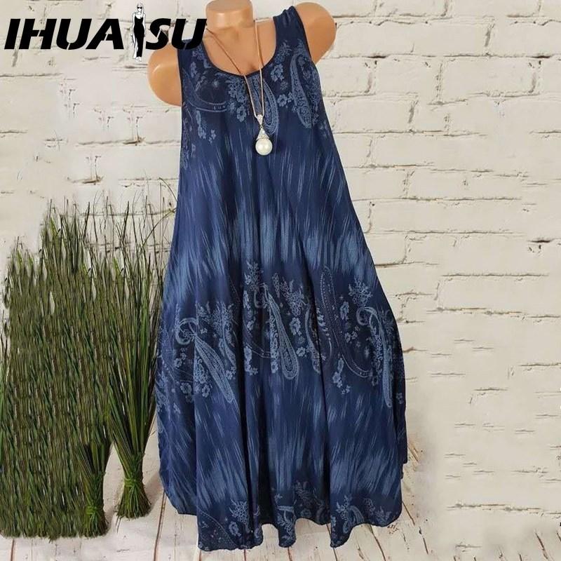 

IHUASU Женское летнее платье без рукавов с цветочным принтом и круглым вырезом XXXXL темно-синий