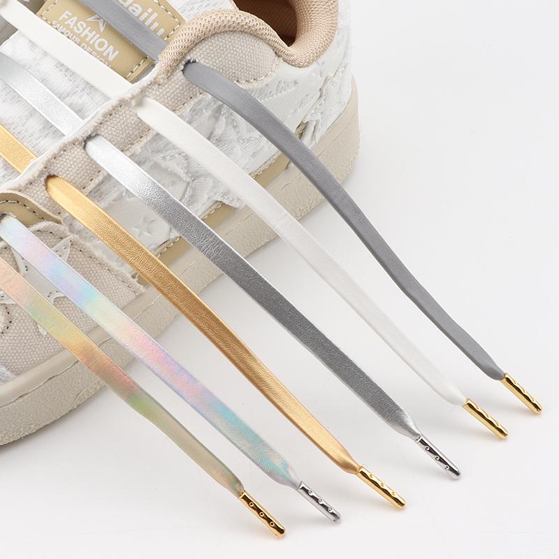 New Gold Silver Flat Rope Shoelace Luxury Faux PU Leather Shoelaces Metal Head Sneakers Casual Shoes Laces 80/100/120/140/160cm