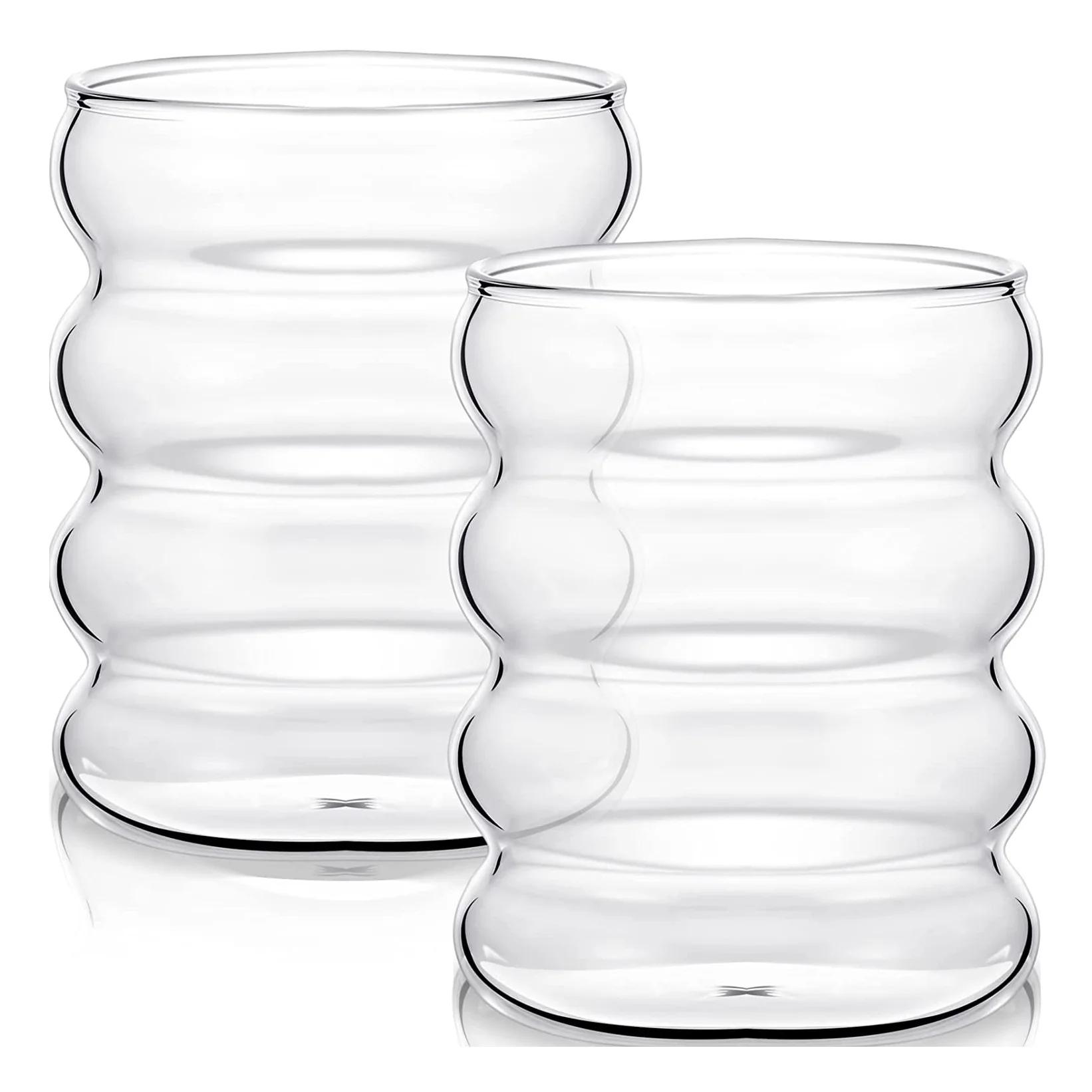 

2/4PCS Wave Shape Beverage Glasses With Straws Vintage Glass Cups Ripple Drinking Glasses for Wine Champagne Milk Coffee Cup 301-400ml