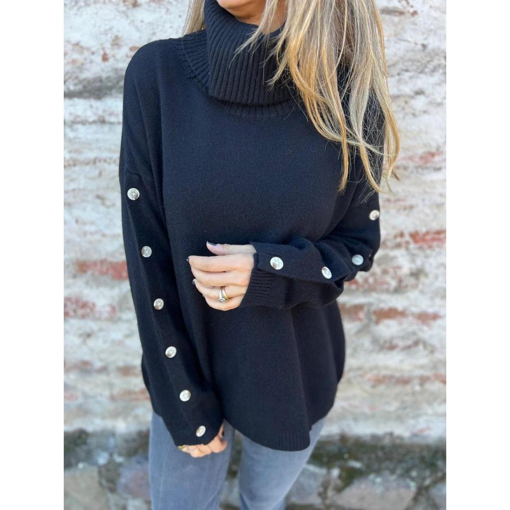 Casual Women's Pullover Sweater New High Neck Knitted Top Autumn Winter Button