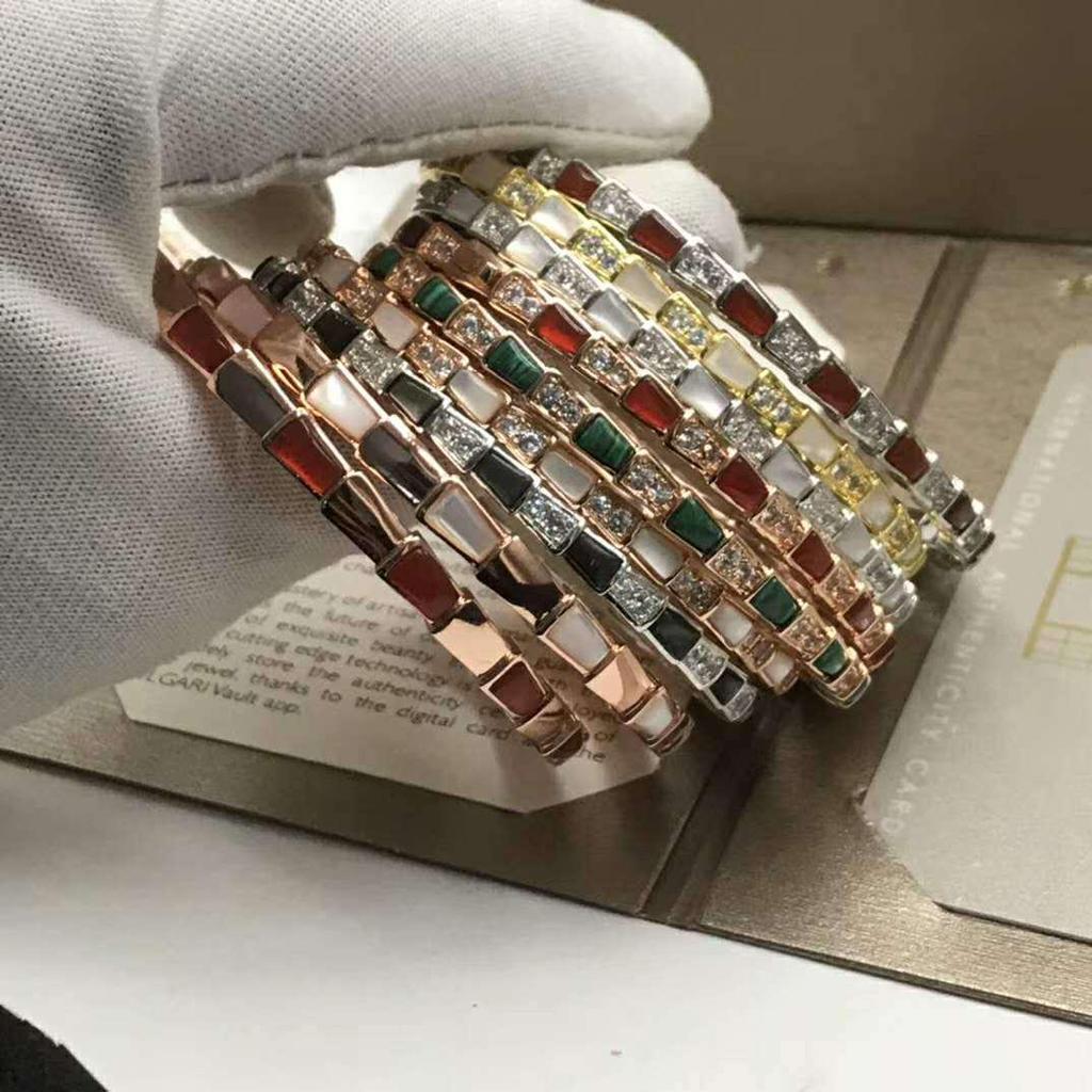 Sterling Silber Schlangenarmband mit Voll-Diamanten, natürlichem Perlmutt & Achat, in Pfauengrün für Paare - Unisex Europäischer & Amerikanischer Stil