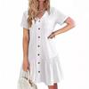 Women's Summer Cotton Linen Midi Dress Casual Short Sleeve V-Neck Button Down Dress Flowy Ruffled A-Line Beach Sundress