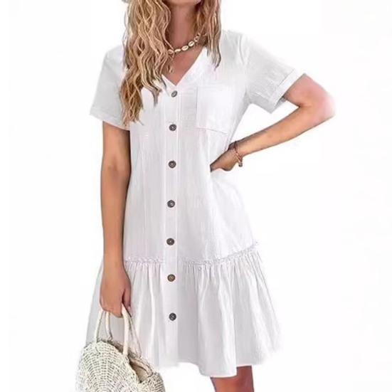 Women's Summer Cotton Linen Midi Dress Casual Short Sleeve V-Neck Button Down Dress Flowy Ruffled A-Line Beach Sundress