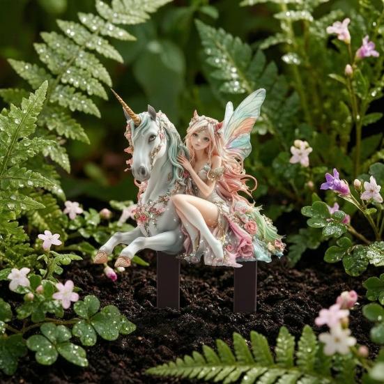 Unicorn Fairy Garden Stake, 2D Acrylic Yard Art Stake, Waterproof Flower Fairy Outdoor Decoration for Lawn Planter Flower Bed