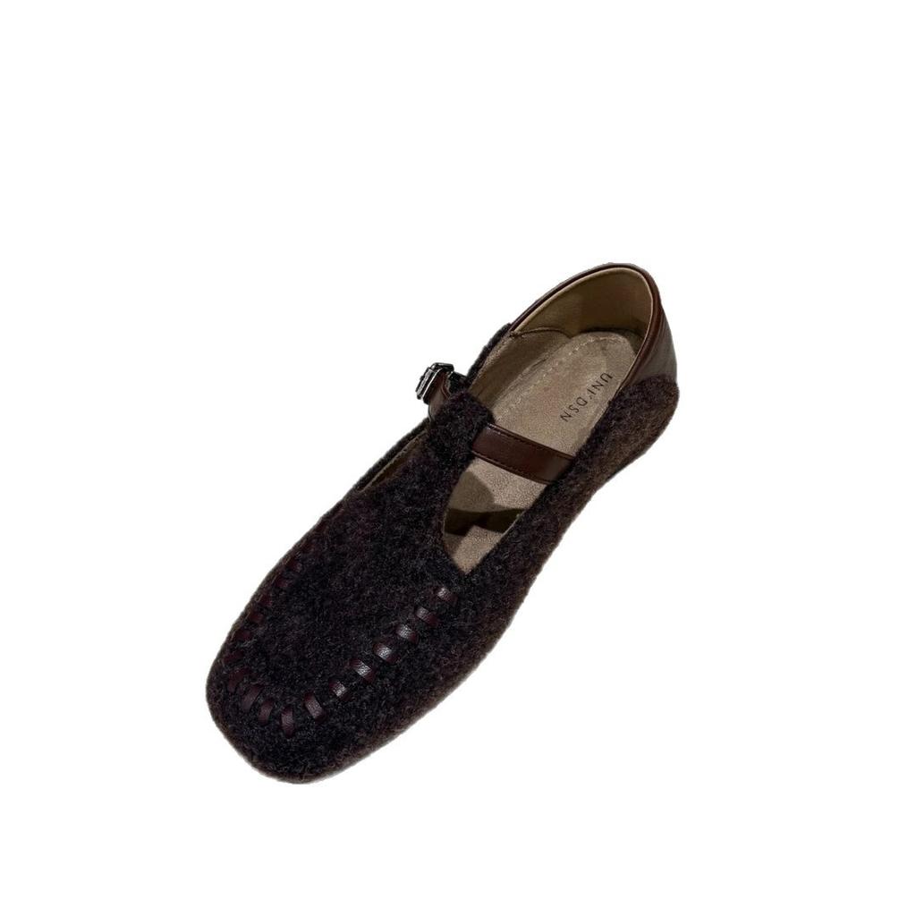 Inner Height Increase of 3cm~ Square Head Mary Jane Shoes for Women's 2025 Early Autumn New Korean Version Woolen Material One-word Ballet Shoes