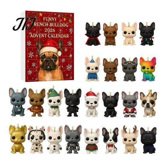 Collectible Dog Ornaments Bulldog Advent Calendar 2026, 24 Days Acrylic Puppy Christmas Countdown Calendar, Decorative Animal Pendant 2D Flat