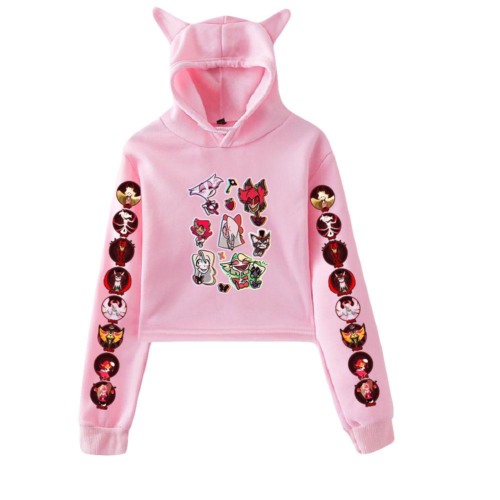 Spring Autumn Cropped Sweatshirts Women Casual Hazbin Hotel Print Long Sleeve Hoodies Pullover Shirt Hooded Sweatshirt Tops