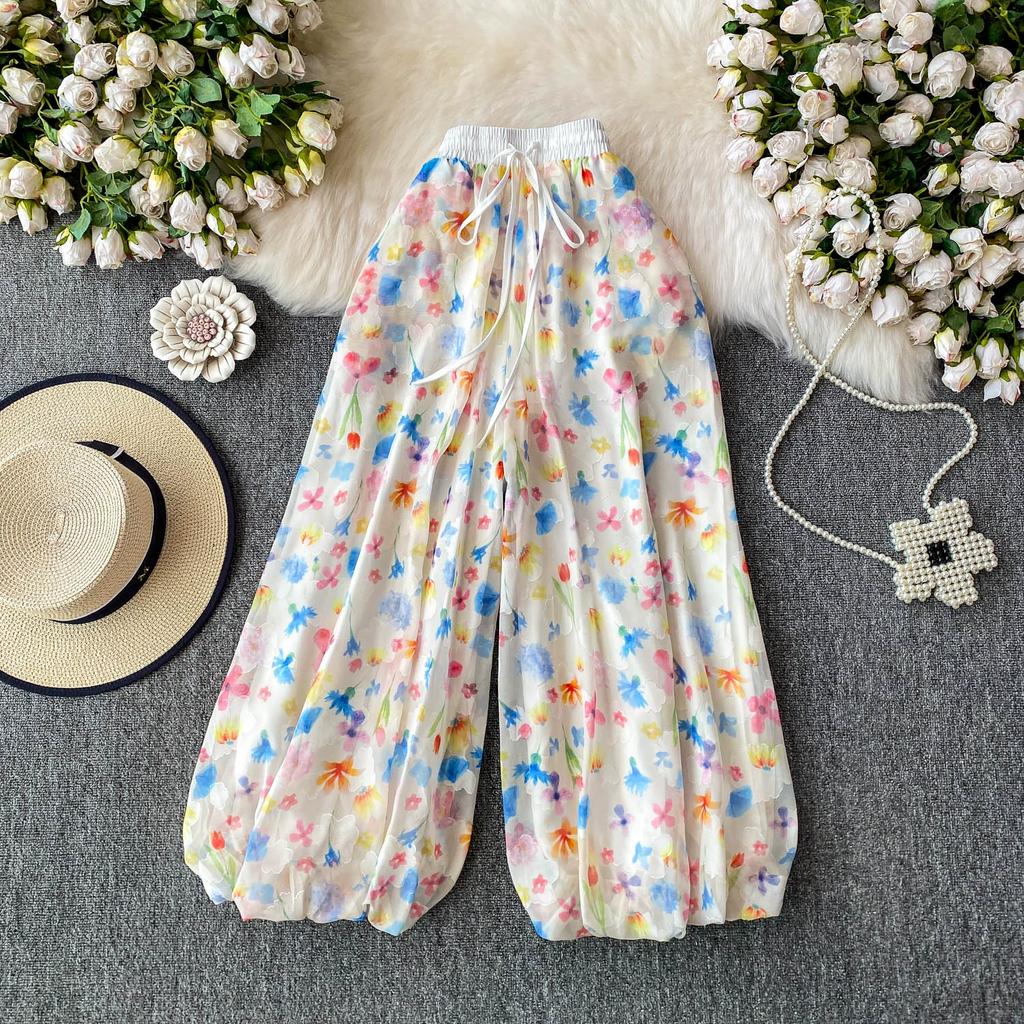 Summer Women Print Lace-up Ankle Length Bud Pants with Pocket