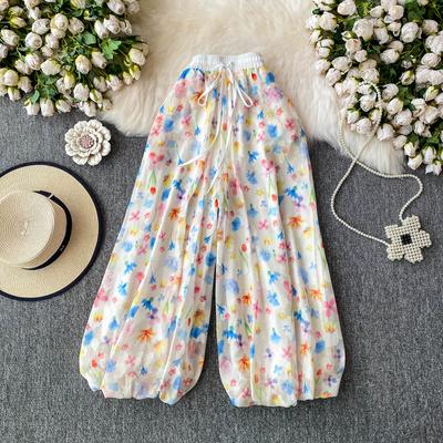 Sommer Damen Print Schnürung Knöchellang Knospenhose mit Tasche