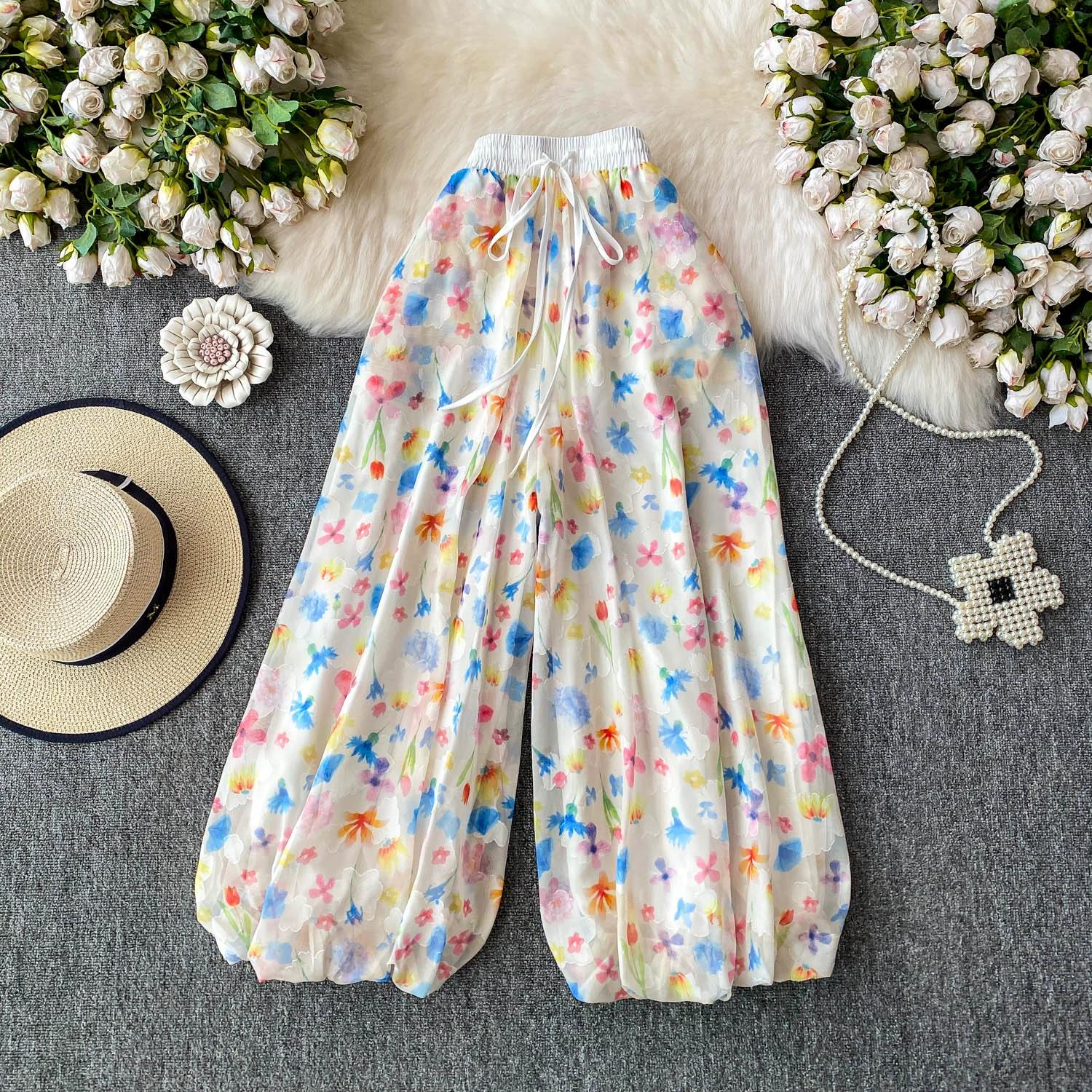 

Summer Women Print Lace-up Ankle Length Bud Pants with Pocket S