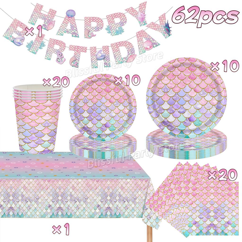 Mermaid Birthday Party Decorations Tableware Plate Cup Napkin Balloon Hanging Banner Party Decor Girl Favor Baby Shower Supplies