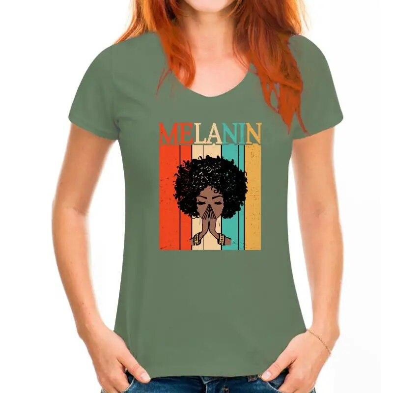 Proud Melanin Black Girls T-Shirt For Women Afro Hair Queens Tee Gift Vintage