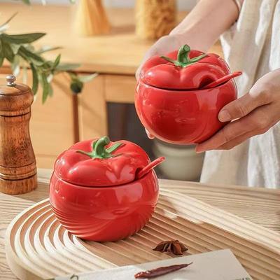 Tomato Ceramic Seasoning Container Seasoning Box Salt Jar Kitchen Storage Container Cartoon Tomato Bottle Kitchen Accessories